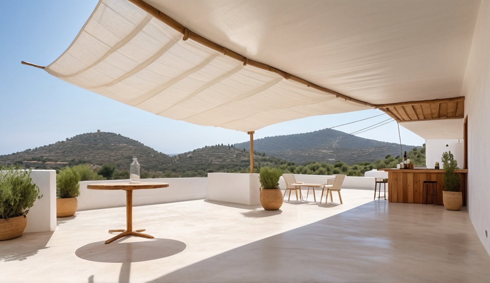 Terraza solárium del eco-hotel boutique proyectado por Farfán Estudio en la Axarquía (Málaga)